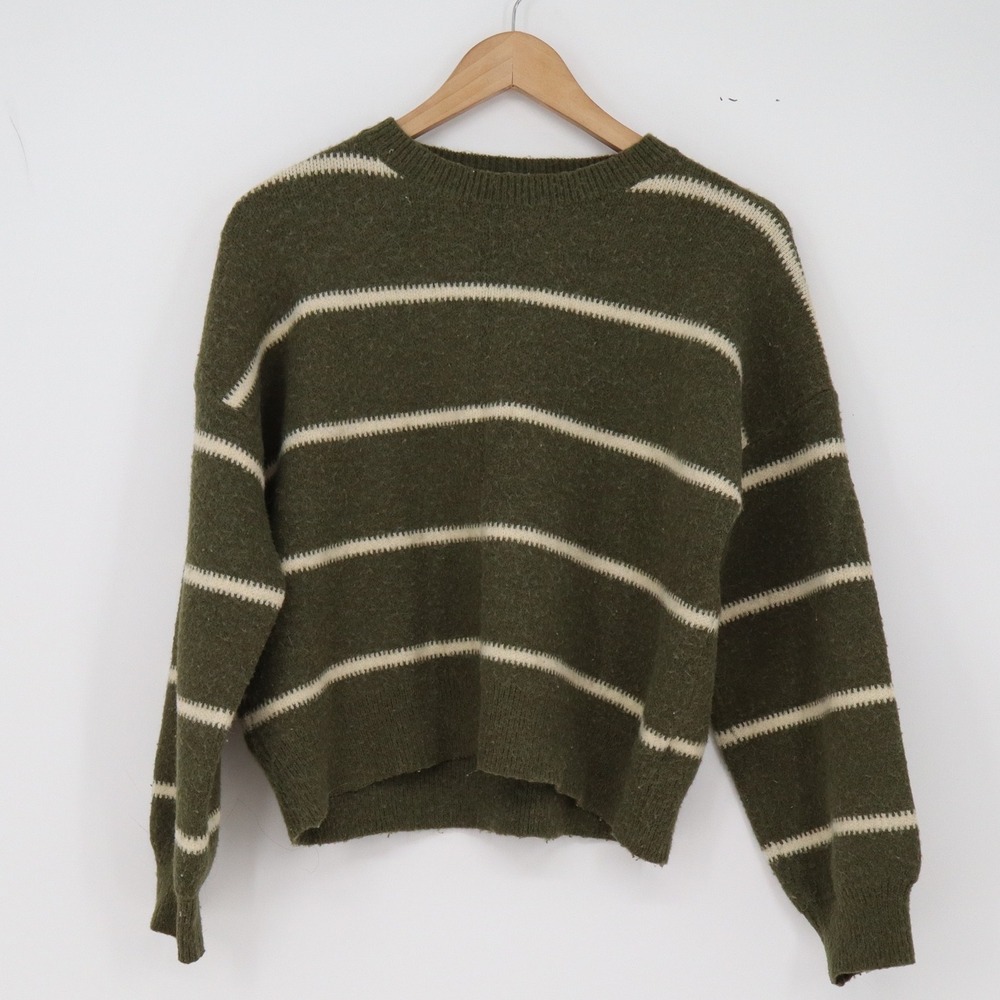 FRIFUL Sweater Womens S Pullover Olive Green Striped Knit Crew Neck Excellent